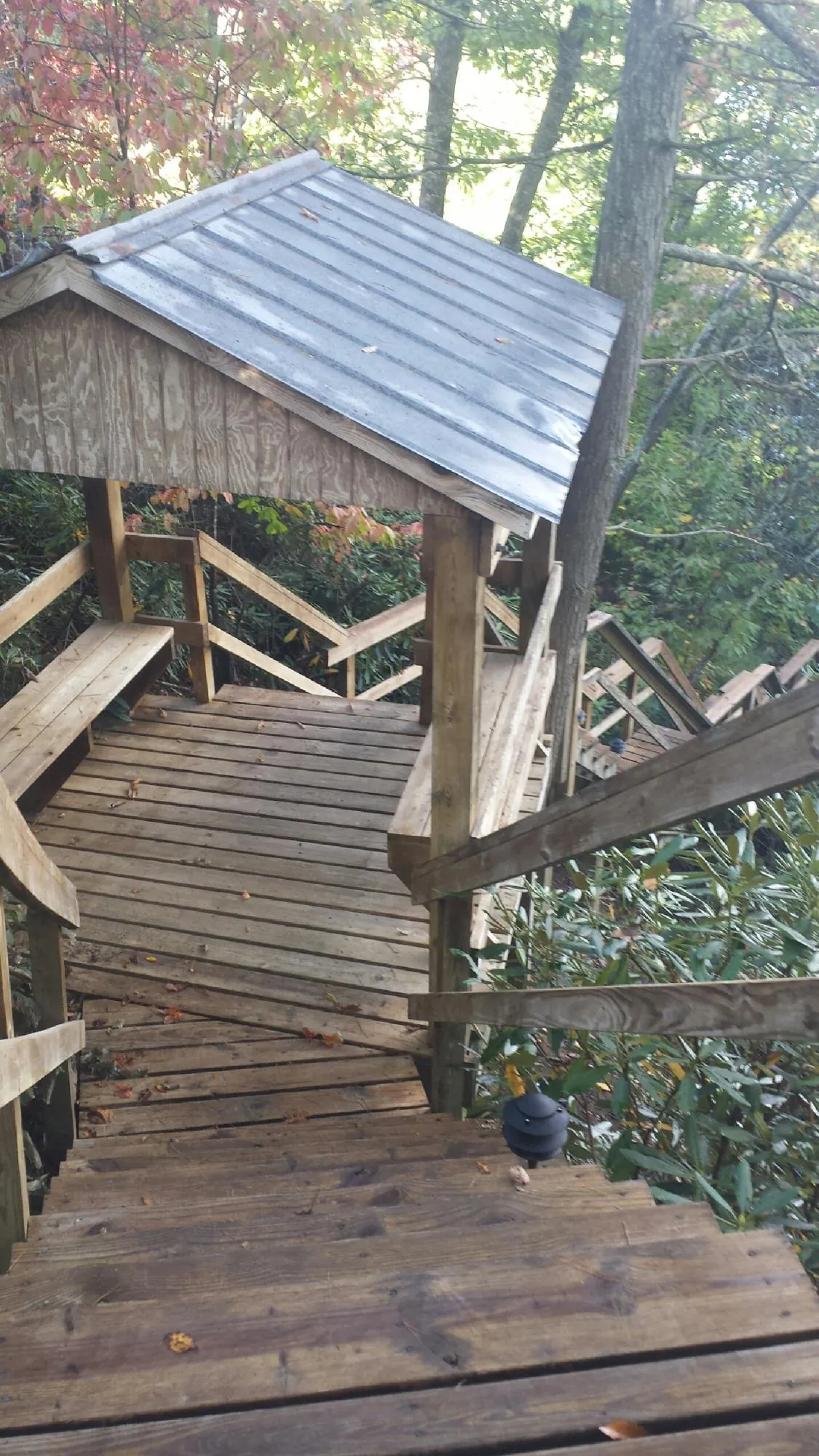 Metal roofed shelter over wooden steps on a wooded walkway — Skylight Repair & Installation work by our crew in Ocean Shores